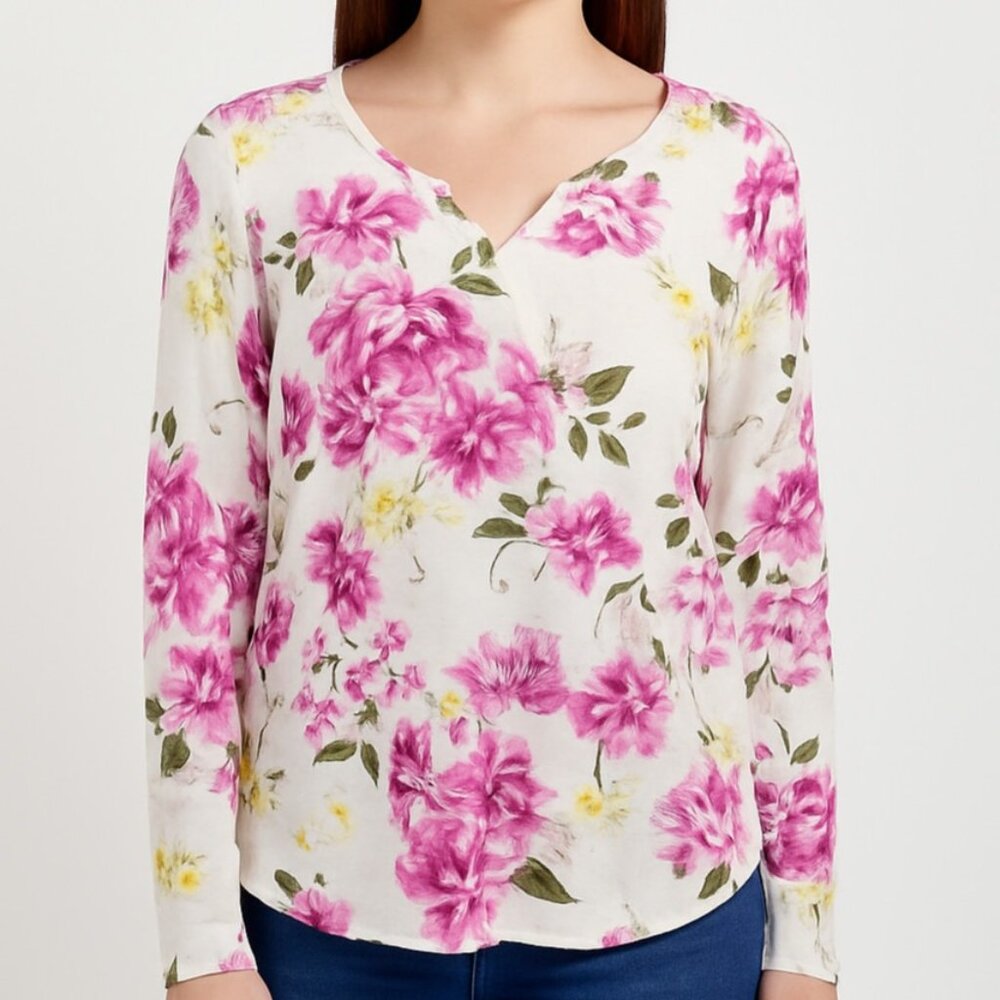 Karen Neuburger S White Pink Floral Long Sleeve Scoop Neck Top Boho cottagecore